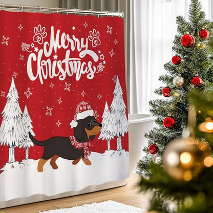 Dachshund Christmas Shower Curtain - 71x71 Inch Holiday Fabric Bath Decor Variation