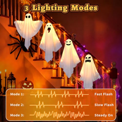 Halloween Outdoor Indoor Hanging Ghost Decorations - 4 Pack with Warm Light & DIY Arms
