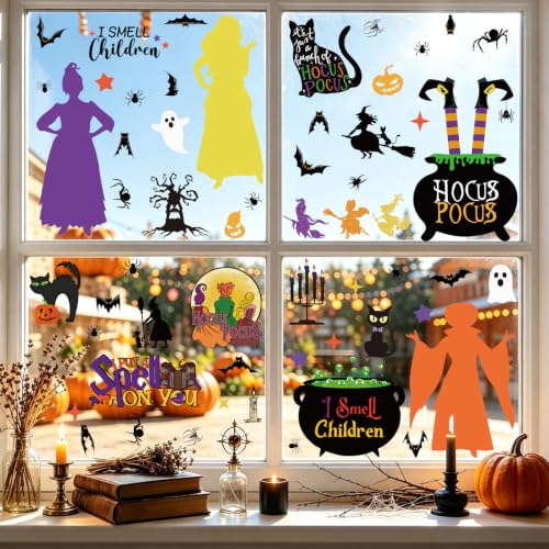 Hocus Pocus Window Clings Set - 9 Sheets, 70 Halloween Decals with Witch, Bats & Spiders - Variation of Hocus Pocus