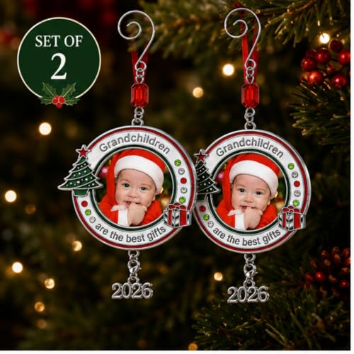 Grandchildren Photo Christmas Ornament Set of 2 with 2026 Charm - Red, White & Green Enamel with Jeweled Accents