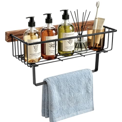 Rustic Wall-Mounted Hand Towel Holder with Wooden Storage Basket for Bathroom