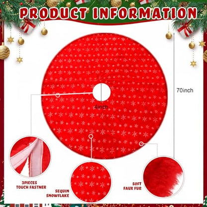 Libima 70 Inch Christmas Tree Skirt Red Faux Fur Sequin Embroidered - Silver Elegant Variation