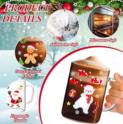 24 Pcs Christmas Glass Coffee Mugs 16 Oz with Handle Winter Theme Set - Santa Snowman Elk