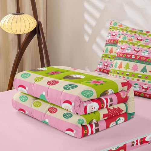 Kids Christmas Snowman Comforter Set Twin Size - Feelyou Santa Claus & Holiday Design - Green, Red, Pink Variations