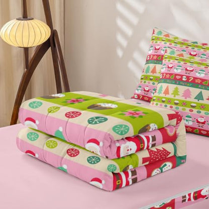 Kids Christmas Snowman Comforter Set Twin Size - Feelyou Santa Claus & Holiday Design - Green, Red, Pink Variations