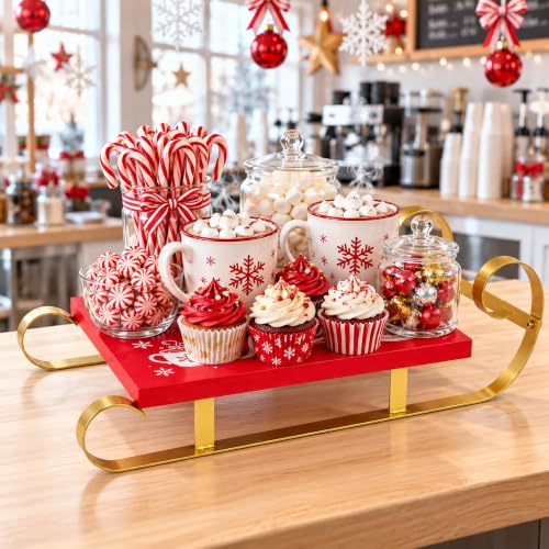 Christmas Hot Cocoa Wood Tray Holder - Red Sleigh Design for Holiday Decor