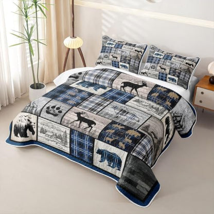 Feelyou Rustic Cabin Quilt Set for All Season Queen Size Blue Gray Bear Deer Wildlife Bedding