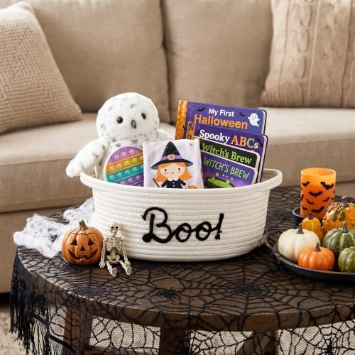 Halloween Boo Basket for Kids & Adults - White & Black Woven Gift Basket, 13x9x5 Inches