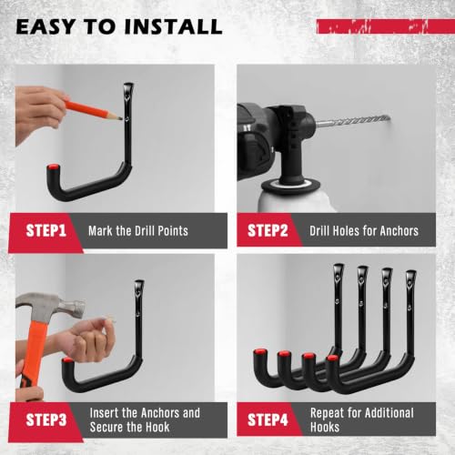 Heavy Duty Garage Wall Hooks Set - 6 Steel Utility Hangers with EVA Padding for Bikes, Ladders, Hoses, Tools