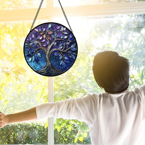 Blue Purple Tree of Life Stained Glass Window Hanging Suncatcher 7.8 Inch - Vibrant Home Decor