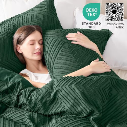 Emerald Green King Size Comforter Set - Boho Tufted Microfiber Bedding, 3-Piece