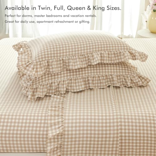 Tan Gingham Full Bed Sheet Set with Ruffle Trim - 4 Piece Farmhouse Bedding
