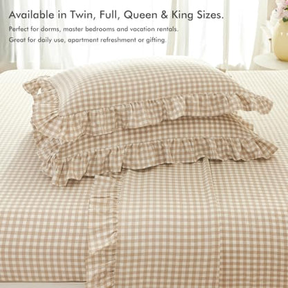 Tan Gingham Full Bed Sheet Set with Ruffle Trim - 4 Piece Farmhouse Bedding