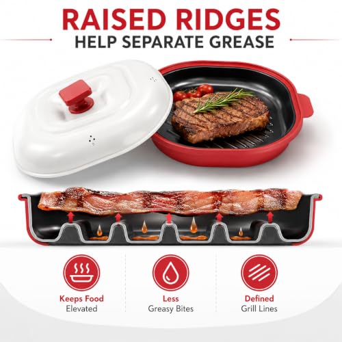 Microwave Grill Pan with Lid, Nonstick Red Grill Plate for Indoor Cooking