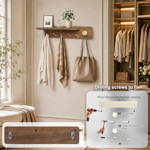 Wall Mount Coat Rack with Shelf and Brass Hooks - Solid Wood Entryway Organizer