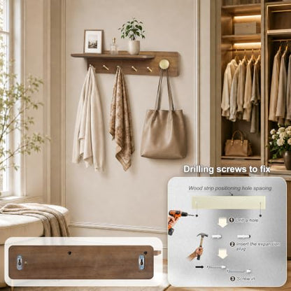 Wall Mount Coat Rack with Shelf and Brass Hooks - Solid Wood Entryway Organizer