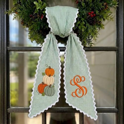 Personalized Fall Wreath Sash with Monogram, Pumpkin & Sage Stripe - Pumpkin Fall
