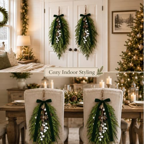 Green 2 Pack Christmas Pine Needle Berries Teardrop Door Swag Wreath Decor
