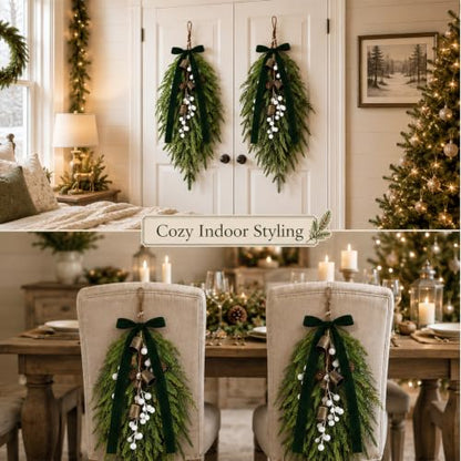 Green 2 Pack Christmas Pine Needle Berries Teardrop Door Swag Wreath Decor