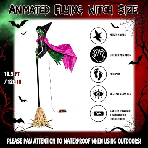 Outdoor Flying Witch Animatronic - 10.5FT Spooky Hovering Halloween Decor