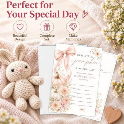 Fall Pumpkin Baby Shower Invitations for Girl - 25 Invites with Envelopes - Variation A04