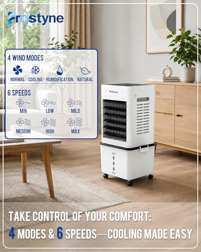 Portable Evaporative Air Cooler with Humidifier - 3 Gallon Water Tank, 10 Ice Packs, 6 Speeds & Remote