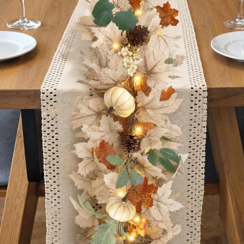 1 pcs 6Ft Fall Leaves Garland with Lights for Mantel Decor Pumpkin Pinecone Berry