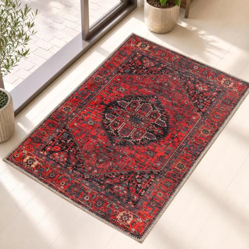 Aura Washable 2x3 Entryway Rug - Turkish Boho Burgundy Red Rust