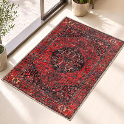 Aura Washable 2x3 Entryway Rug - Turkish Boho Burgundy Red Rust