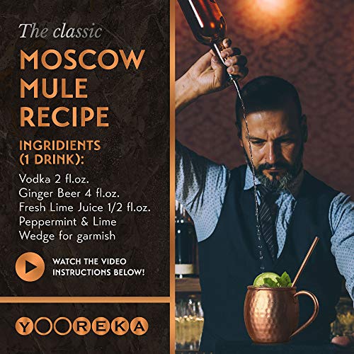 Copper Moscow Mule Mugs Set of 4 - Oval Handcrafted 16 oz Copper Cups with Straws & Coasters