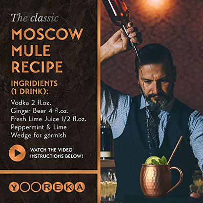 Copper Moscow Mule Mugs Set of 4 - Oval Handcrafted 16 oz Copper Cups with Straws & Coasters