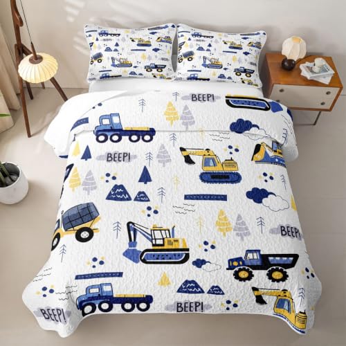 Navy Blue Full Excavator Construction Quilt Set with 2 Pillowcases - All Season Microfiber Bedding