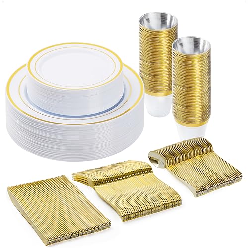 Disposable Plastic Dinnerware Set for 25 Guests - Gold Dinner Plates & Cutlery