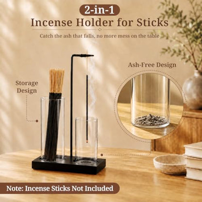 Incense Holder with Glass Ash Catcher and Wooden Base - Home Decor