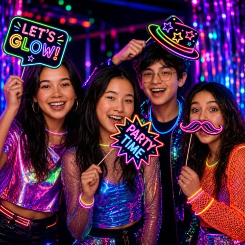 Neon Birthday Selfie Photo Booth Props Set - 26 Glow Party Accessories