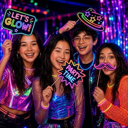 Neon Birthday Selfie Photo Booth Props Set - 26 Glow Party Accessories