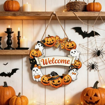 Halloween Wreath Door Decor with Pumpkin and Ghost - Fall Front Door Hanging