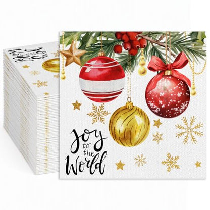 Christmas Joy Disposable Paper Napkins 100 Pack - Red Gold Ornament Pine Snowflake