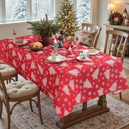 Christmas Tree Snowflake Tablecloth 60x84 Inch Spill-Proof Red Holiday Decor Variation of Christmas Tree & Snowflake / 84" x 60"