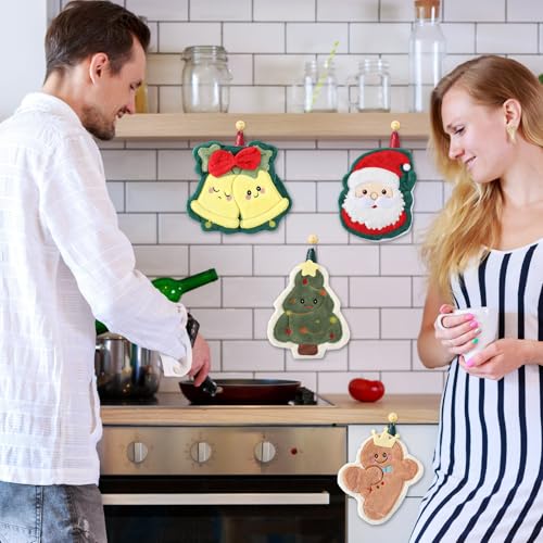 Christmas Hand Towels Set with Hanging Loop - Santa Gingerbread Tree Square - 4 pcs