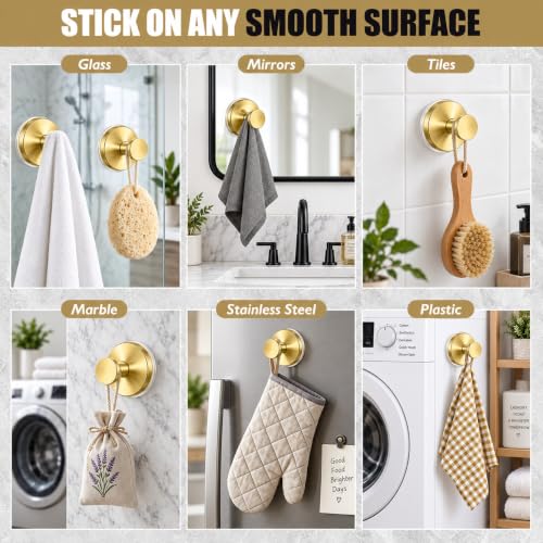 Brushed Gold Suction Cup Hooks for Shower Bathroom Towel Hooks 2 Pack