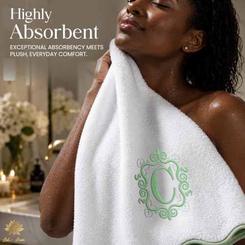 Sage Green Piping Monogrammed Bath Towels Set of 2 - Scallop Edged Cotton