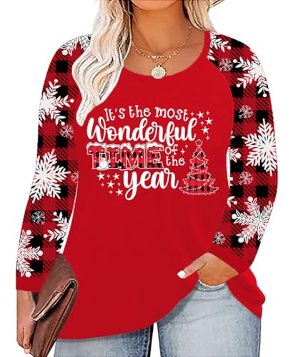Plus Size Xmas Christmas Buffalo Plaid Tree Shirt Women Long Oversized Graphic Tee - 4X-Large Plus Red3