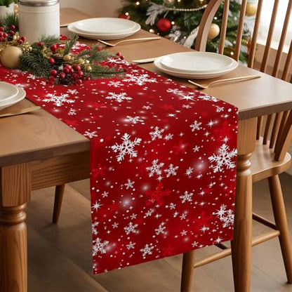 Red Christmas Table Runner 13x72 Inches Snowflake Holiday Decor - Farmhouse Style