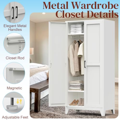75-Inch Tall Metal Wardrobe Armoire with Hanging Rod & Adjustable Shelves