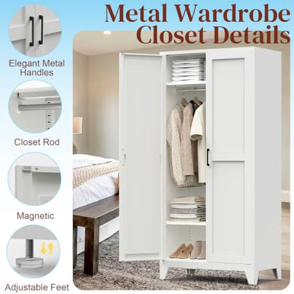 75-Inch Tall Metal Wardrobe Armoire with Hanging Rod & Adjustable Shelves