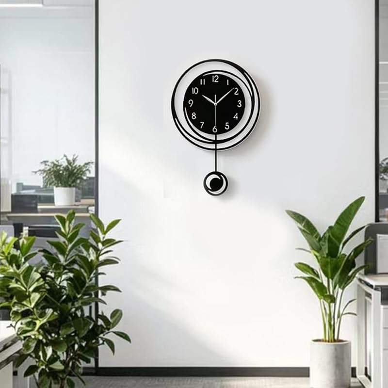 Wall Clock with Silent Quartz Movement - Modern Black & White Pendulum Design