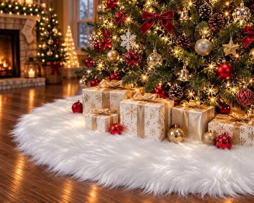 Nackiy White Christmas Tree Skirt 48 Inch Faux Fur Holiday Decor