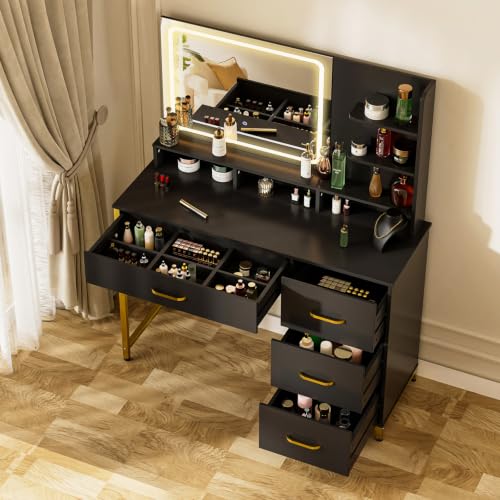 Black Makeup Vanity Table with Mirror & Lights, 4 Drawers & Storage Shelves - Large