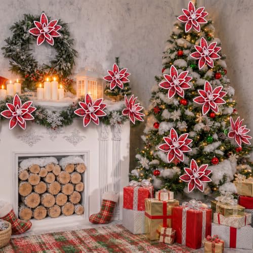 Red Plaid 12 Pcs 12'' Christmas Poinsettia Artificial Flowers - Flocked